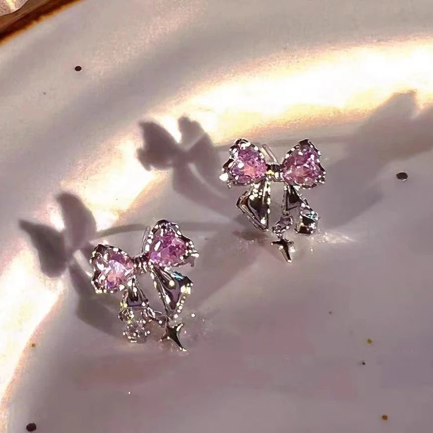 Nuovi orecchini a bottone con zirconi Bowknot Y2K per le donne Moda coreana argento colore cristallo rosa orecchini di personalità regali di gioielli per feste