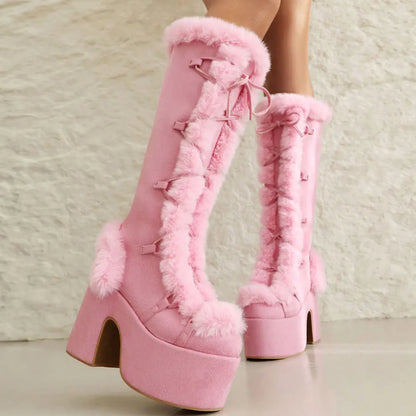 Big Size 46 Winter y2k Pink Knee High Boots Women White Chunky Platform Boots Gothic Black Faux Fur Block High Heels Boots Shoe
