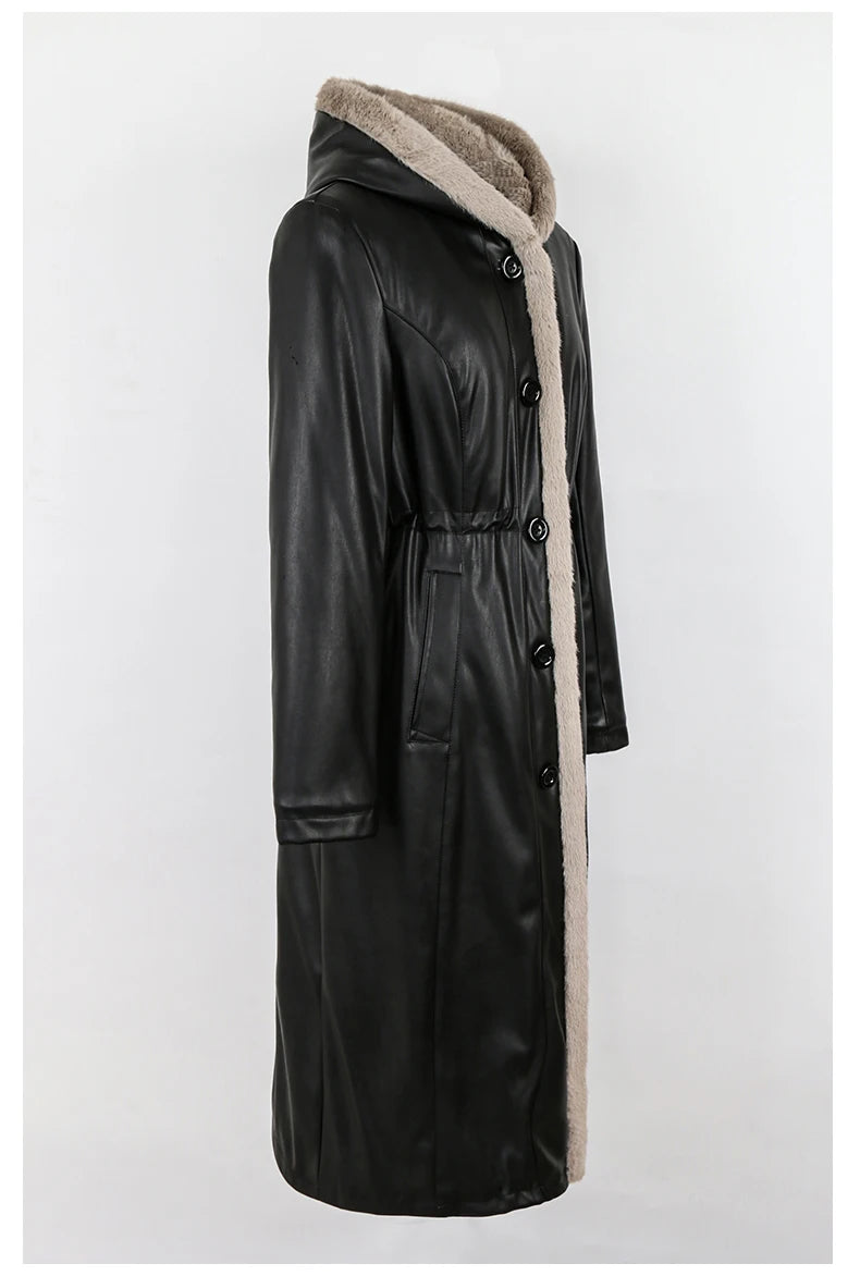 Nerazzurri Cappotto invernale lungo in morbida pelle nera spessa e calda con pelliccia sintetica all'interno con Parka con cappuccio Abiti firmati di lusso 2025
