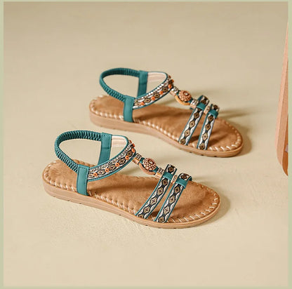 Elegante Damen-Sommersandale im Bohemian-Stil, rutschfest, bequem, für Alltag, Urlaub, flache Strandschuhe