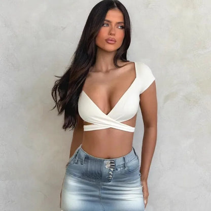 T-shirt d'été sexy à col en V pour femme, top court push-up taille haute en mélange extensible, tenue quotidienne de club, plage, élégant, pour courbes