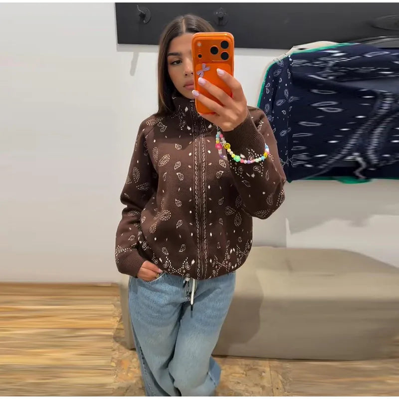 Giacca in maglia con stampa paisley per donna, colletto alto, maniche raglan, chiusura a zip, tasca frontale, cardigan autunnale 2026, giacca retrò ampia.