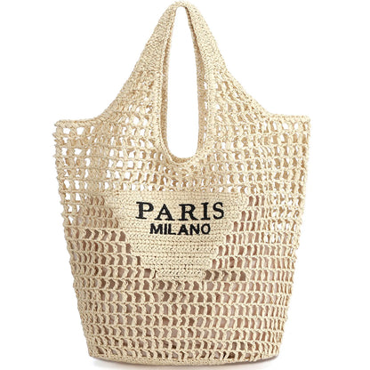 Borse da Spiaggia in Paglia per Donne - Borsa Intrecciata Artigianale, Borsa a Tracolla Estiva in Rete Traforata per Vacanze
