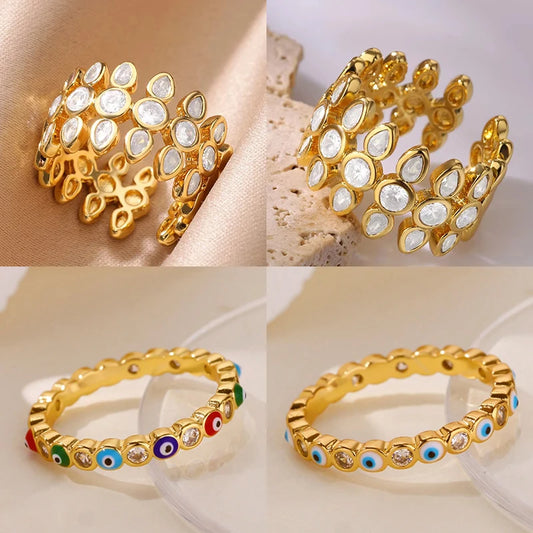 Anelli geometrici in acciaio inossidabile con zirconi bianchi per le donne Accessori regalo per gioielli con anello estetico da sposa regolabile color oro