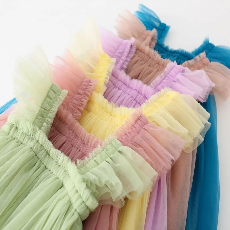 Nuova estate bambini ragazza vestito fionda senza maniche colletto quadrato tinta unita maglia principessa abiti da spiaggia bambino abbigliamento casual E2200