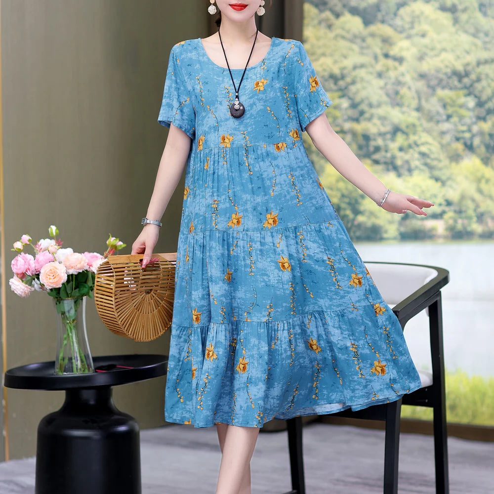 Nuovo Vestito Delle Donne di Estate Vestito Estivo 2024 Casual abito a maniche corte Abiti Femminili O-Collo Robe Abiti della Boemia di Grandi Dimensioni