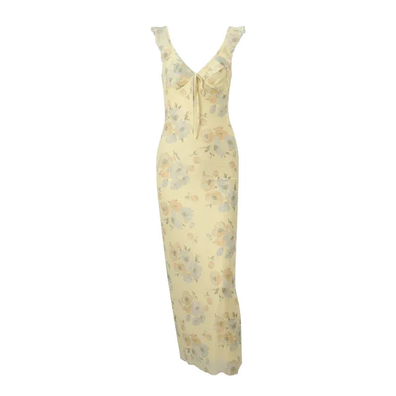 Abiti retrò con scollo a V Abito lungo maxi con stampa floreale gialla senza maniche Abiti eleganti da festa femminili a vita alta