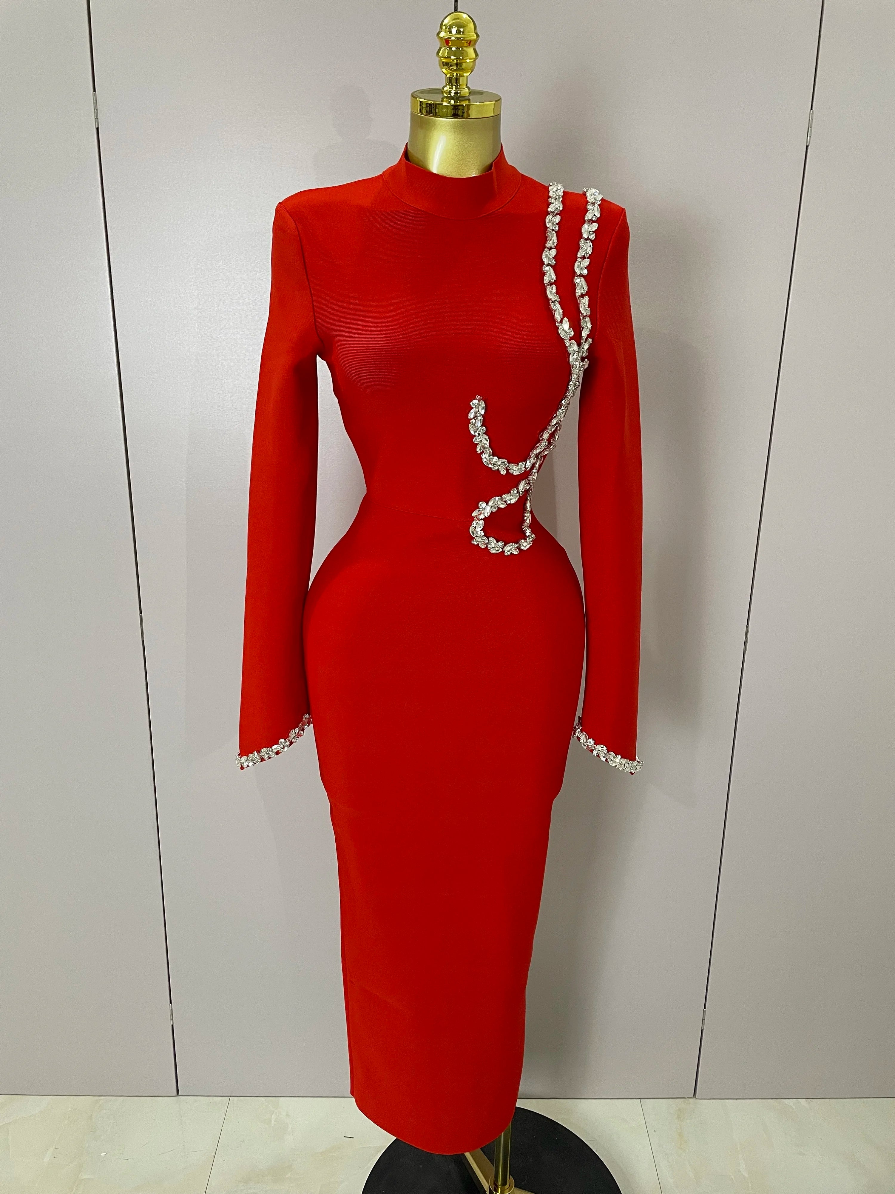 Abito lungo aderente con fasciatura aderente con diamanti a maniche lunghe sexy 2025 Abiti da compleanno di lusso per feste da sera eleganti per celebrità da donna