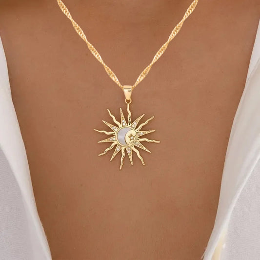 1 pezzo di strass brillanti dal design unico, sole, stella, luna, tre in uno, collana con ciondolo, gioielli da festa versatili quotidiani da donna retrò