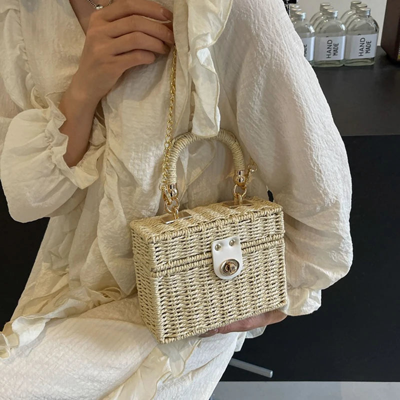Borsa a tracolla in paglia di rattan Borsa a tracolla intrecciata a mano da donna Borsa a tracolla in paglia con scatola quadrata da spiaggia estiva per signora Bolsa Feminina