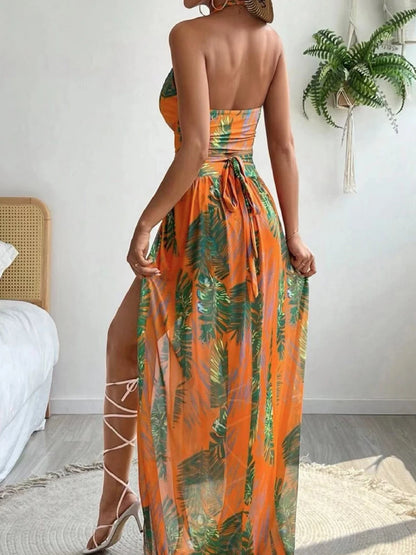3 Pieces Print Cross Bikini 2025 Women Sexy Halter Swimsuit & Cover Up Beach Dress Swimwear Bathers Bathing Swimming Suit Summer