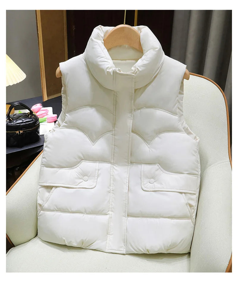 Gilet in piuma di cotone da donna, nuova collezione autunno inverno 2026, alla moda, con collo alto, versatile, caldo, senza maniche, giacca gilet, top femminile.