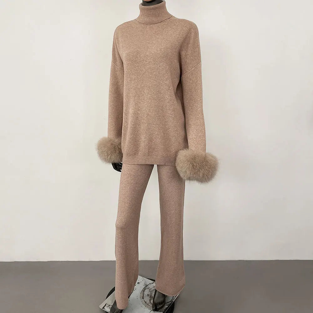 2024 nuova moda autunno inverno polsini in vera pelliccia di volpe naturale cappotto maglione lavorato a maglia pantaloni lunghi da donna set giacca spessa calda