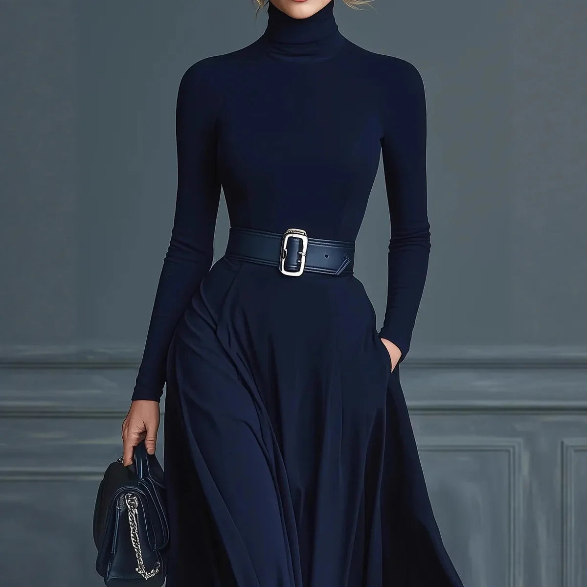 Abito Cerimonia Donna Tinta unita Collo alto Manica lunga Vita Abito Donna Autunno Inverno Orlo Abito lungo Abiti Formales Mujer