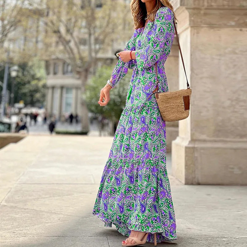 Estate da donna nuova moda stampata sexy scollo a V manica lunga vita alta elastico in vita abiti bohemien di media lunghezza