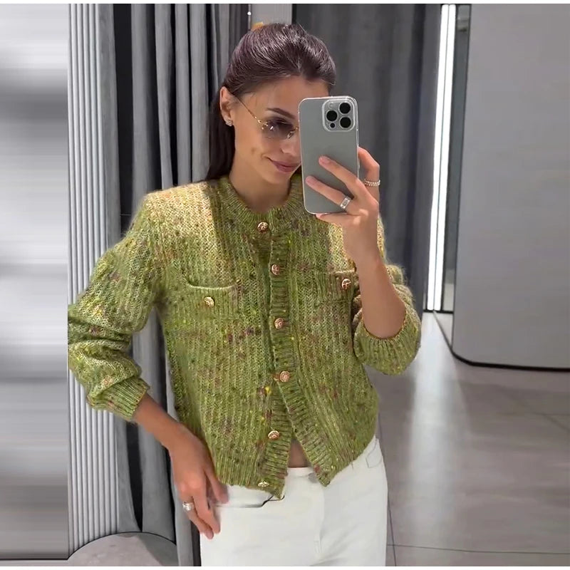 Cardigan Jacquard Lavorato a Maglia, Nuova Collezione Autunno 2026, Maglione Casual da Donna con Collo Alto e Maniche Lunghe, Cappotto in Maglia Stampata Larga