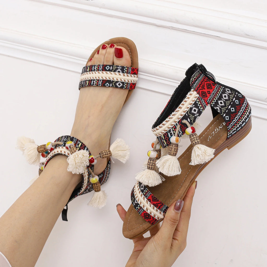 Neue Damen-Sommersandalen im römischen Bohème-Stil mit flachem Absatz, weicher Sohle, bequem und rutschfest für Urlaub und Tourismus