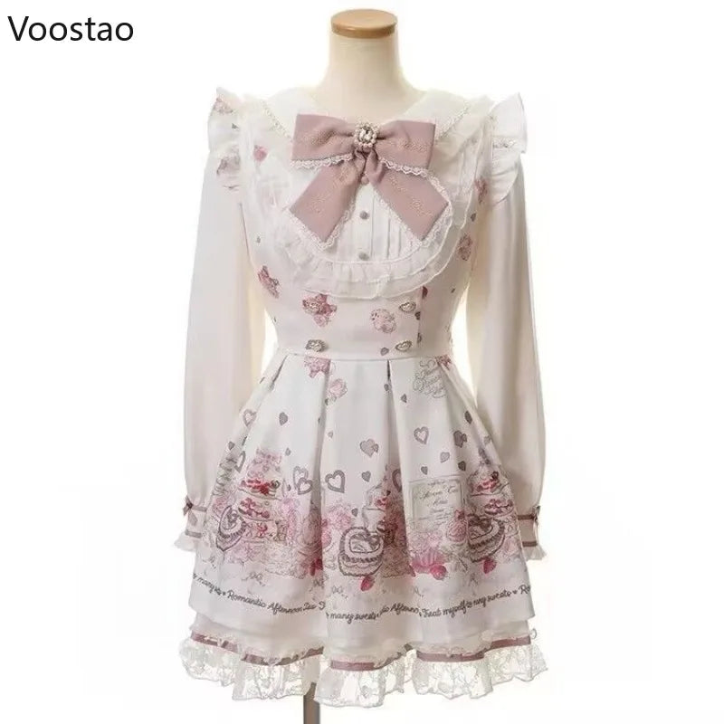 Set di abiti con fiocco in strass Lolita giapponese Kawaii Set da donna con stampa di cartoni animati dolci in pizzo con perle Abito gotico Y2k Abiti da festa per il tè