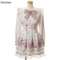 Set di abiti con fiocco in strass Lolita giapponese Kawaii Set da donna con stampa di cartoni animati dolci in pizzo con perle Abito gotico Y2k Abiti da festa per il tè