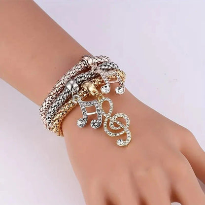 Set da 3 pezzi con lucchetto a forma di cuore, chiave, segno musicale, braccialetto con ciondoli, gufo, placcatura in oro rosa, catena color argento, set di gioielli con bracciale con ciondolo Owm