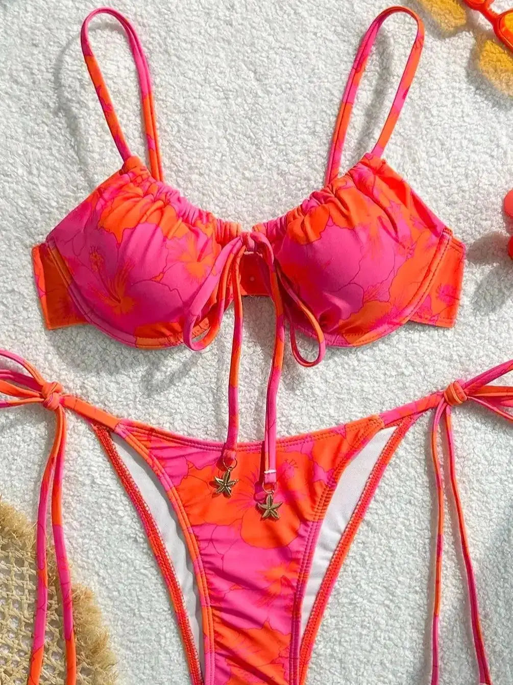 Orange Pink Hibiscus Print Underwire Push Up Bikini Set Tie Side High Cut Starfish Charm 2 Piece Swimsuit Women Summer Beachwear