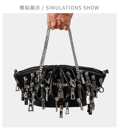 Borsa per ascelle con gnocchi increspato stile punk 2025 Borse a tracolla da donna con decorazione per la testa con cerniera multipla Borse Y2K per ragazza piccante