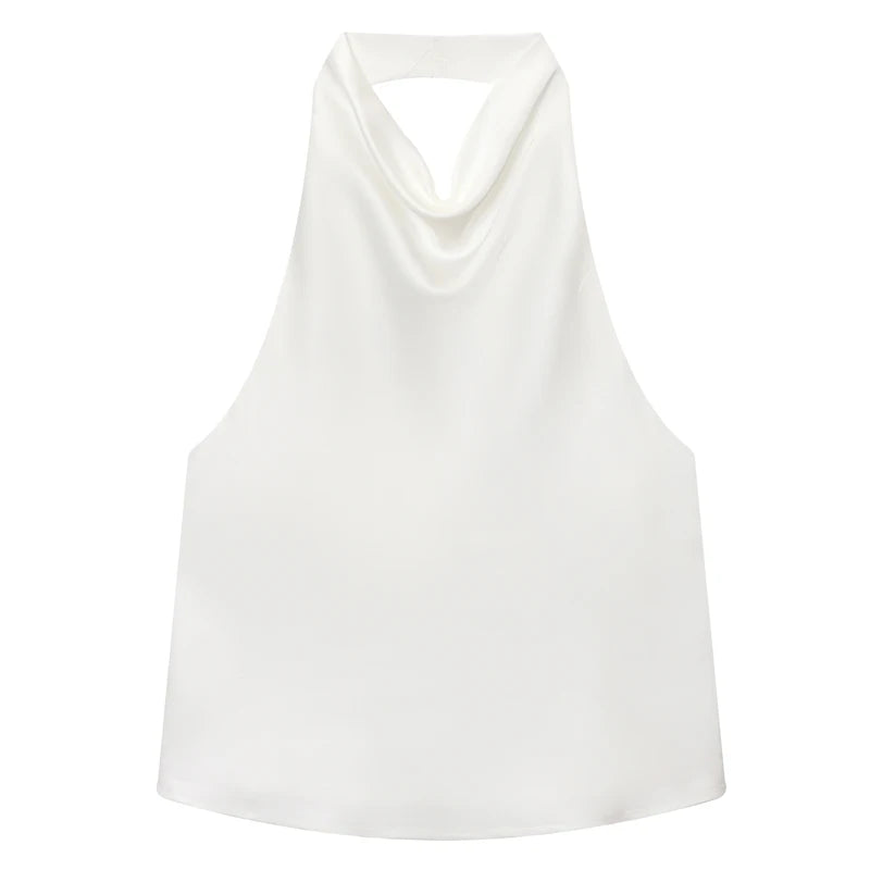 Hauts Femme Sexy Top Satin Licou Femme Mode Solide Élégant Gilet Dos Nu 2026 Nouvel Été Épaules Dénudées Caraco Femme