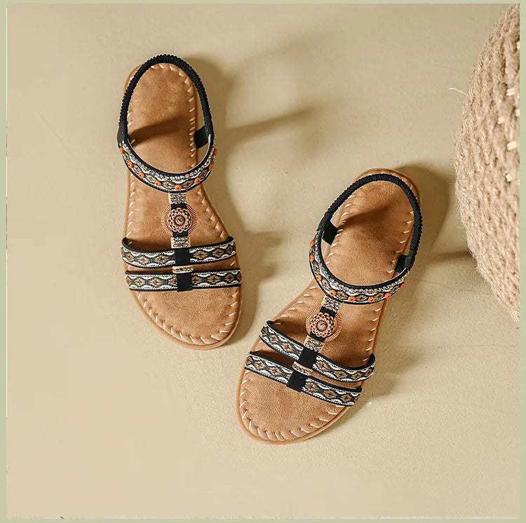 Elegante Damen-Sommersandale im Bohemian-Stil, rutschfest, bequem, für Alltag, Urlaub, flache Strandschuhe