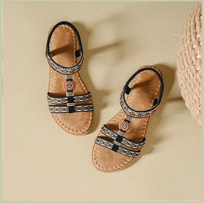 Elegante Damen-Sommersandale im Bohemian-Stil, rutschfest, bequem, für Alltag, Urlaub, flache Strandschuhe