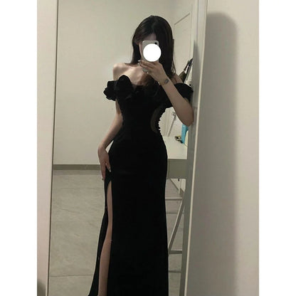 Abito rosso sexy senza schienale a vita alta con volant diviso Abito elegante con spalle scoperte Abiti da sera per feste Abito estivo da donna 2025