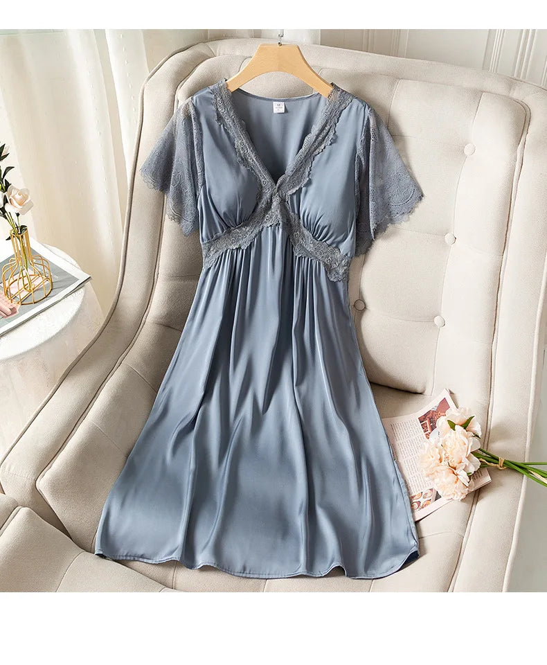 Fdfklak camicia da notte estiva da donna a maniche corte sottile in raso di seta Sexy nuova camicia da notte da notte da notte da donna in pizzo principessa