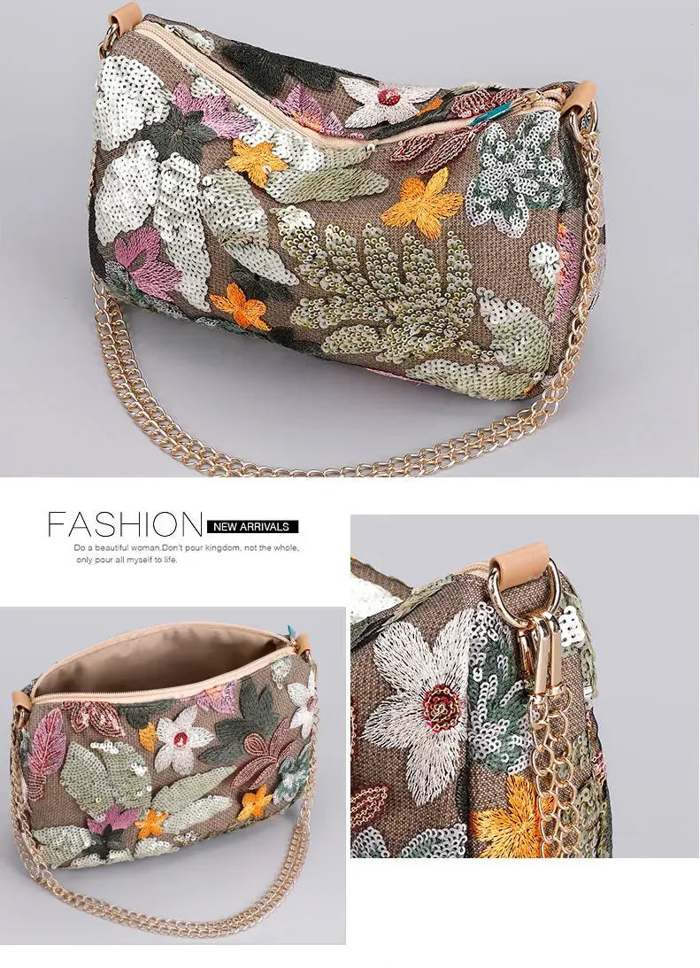 Borse a tracolla da donna con ricamo floreale carino Catene con paillettes alla moda Borsa a tracolla Borsa da spiaggia casual estiva Borsa e portamonete Hobos