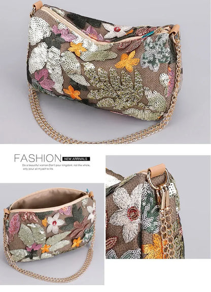 Borse a tracolla da donna con ricamo floreale carino Catene con paillettes alla moda Borsa a tracolla Borsa da spiaggia casual estiva Borsa e portamonete Hobos