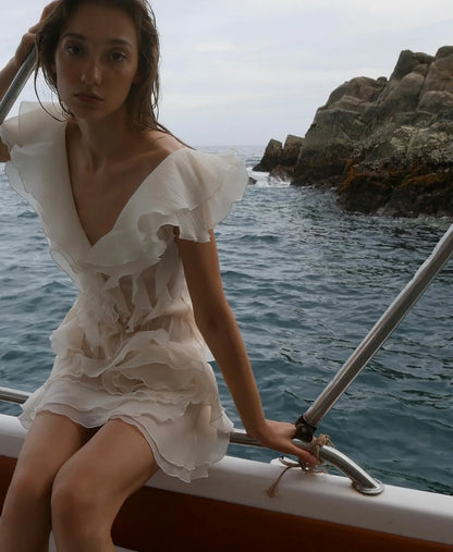 Y2K Mini abito con volant per donna Moda irregolare Abiti da vacanza al mare Estate Sexy con spalle scoperte Abiti da festa di compleanno 2025