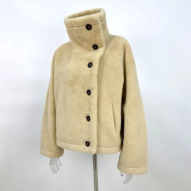 Giacca invernale da donna double-face, colletto alla moda, manica lunga, calda giacca in pelliccia sintetica femminile