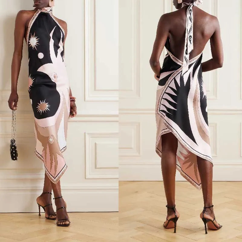 VEITCHE Abito longuette stampato irregolare sexy da donna estivo Abiti da festa senza maniche senza schienale Abiti da vacanza al mare slim in raso vintage