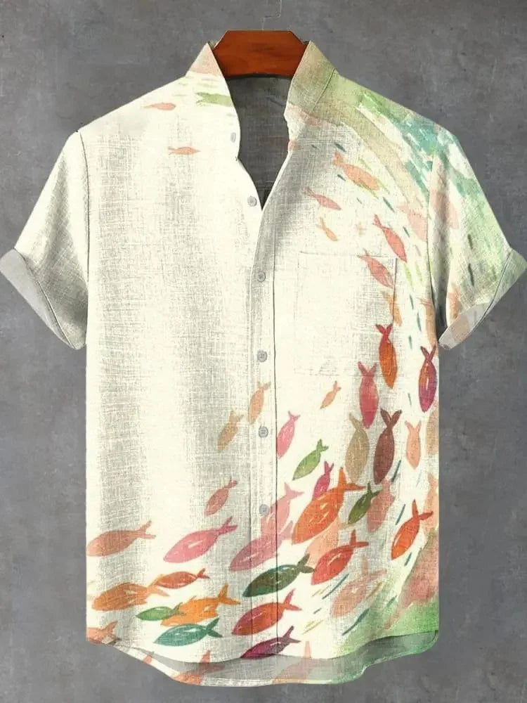 Camicia a maniche corte stampata da uomo estiva Camicia di lino vintage Festival da uomo Casual Manica corta Top Street Trend Consegna veloce