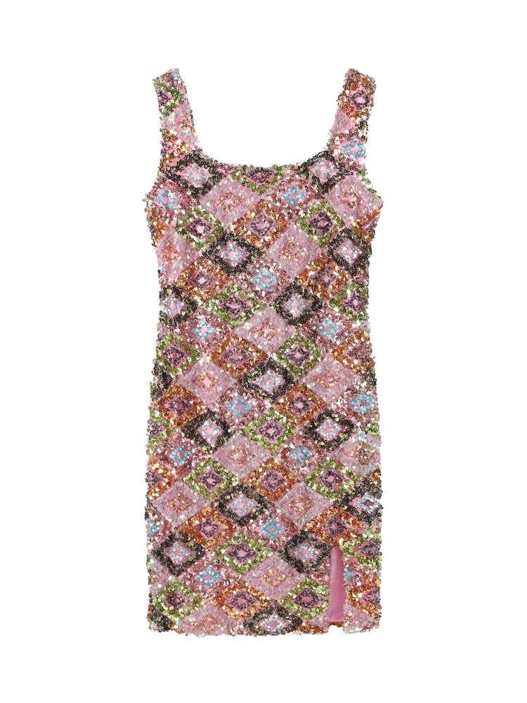Abito con scollo all'americana con fiori 3D con paillettes Profondo scollo a V Glitter Abiti da festa spaccati scollati sexy Abiti lunghi da spiaggia lavorati a maglia slim fit estivi