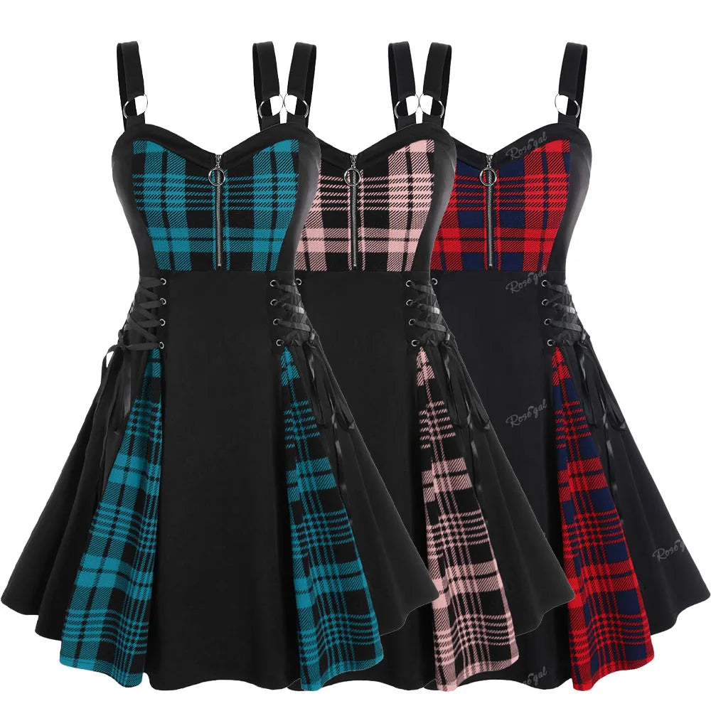 Abito casual da donna taglie forti, modello svasato con lacci, stampa a quadri colorblock, mezza cerniera e patchwork