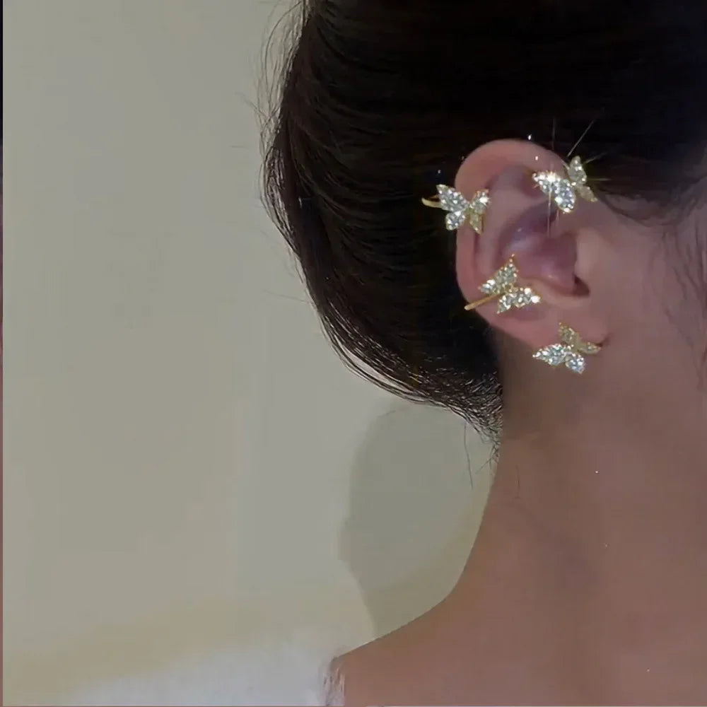 Orecchini a Clip a farfalla con foglia di metallo placcato argento per orecchini da donna senza Piercing gioielli di moda con polsino dell'orecchio in zircone scintillante