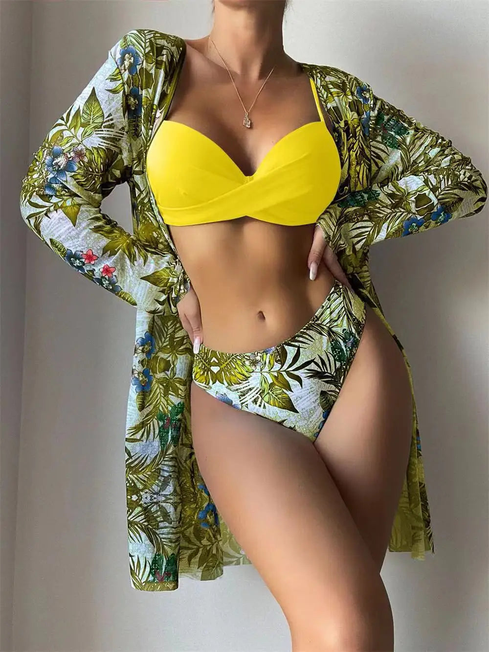 Bohemian Style Print Bikini Sets Women Fashion Sexy Spaghetti Strap Bikini Cardigan Three Piece Sets Beach Vacation Swimsuit