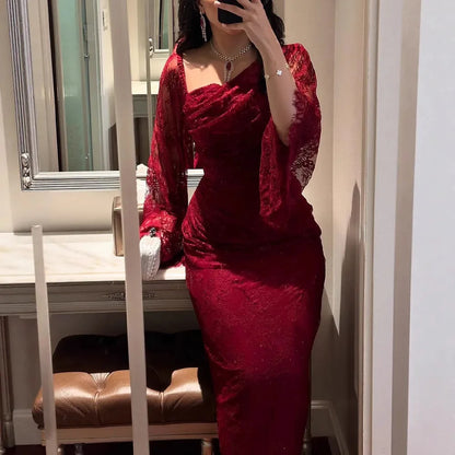 Abito da cerimonia da donna rosso vino tinta unita elegante casual alla moda sottile in pizzo alla caviglia primavera americana europea nuova moda