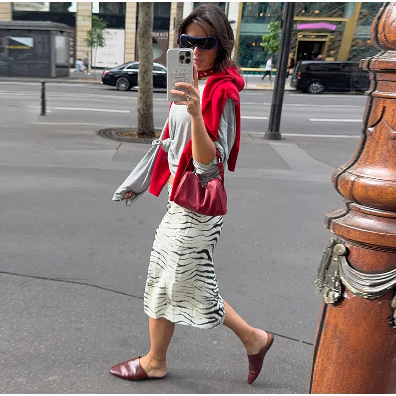 Gonna midi a righe zebrate da donna, a vita alta, dritta, elegante, aderente, casual, lunga, 2026, outfit moda street estivo e autunnale