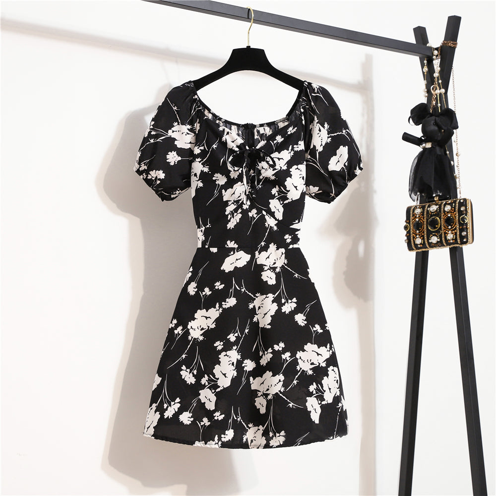 Mini abiti da donna Moda estiva Abiti femminili Stampa Abiti in chiffon floreale Abito casual con maniche corte a pieghe arricciate
