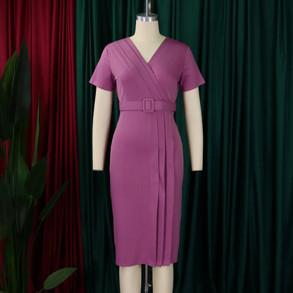 Abito aderente elegante da donna maniche corte avvolgente scollo a V cintura in vita modesta abito da chiesa abiti estivi femminili abiti di classe africani