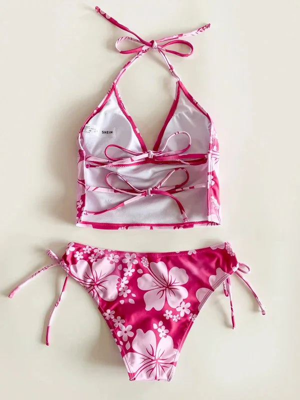 Costume da bagno sexy con stampa floreale gialla Set da donna Halter Push Up Crop Top Costume da bagno 2025 Costume da bagno da spiaggia con lacci Costumi da bagno a vita alta