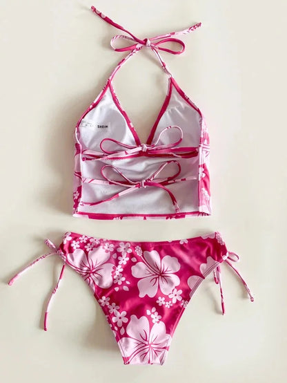 Costume da bagno sexy con stampa floreale gialla Set da donna Halter Push Up Crop Top Costume da bagno 2025 Costume da bagno da spiaggia con lacci Costumi da bagno a vita alta