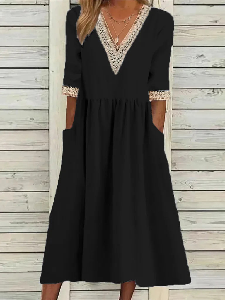 Abito Estivo da Donna 2026 Nuovo in Cotone e Lino a Mezza Manica con Scollo a V, Vestito Casual Chic Vintage con Inserti, Vestito Midi Ampio