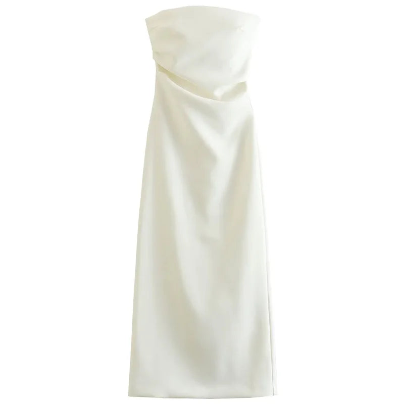 HXAO 2025 Abiti senza spalline da donna Estate Off White Nero Abito bianco Midi Increspato con spalle scoperte Abito senza schienale Abiti da ballo 066