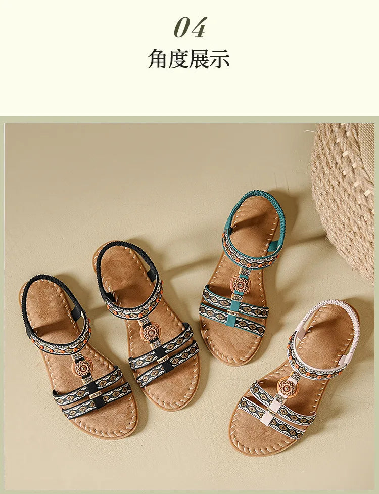 Elegante Damen-Sommersandale im Bohemian-Stil, rutschfest, bequem, für Alltag, Urlaub, flache Strandschuhe